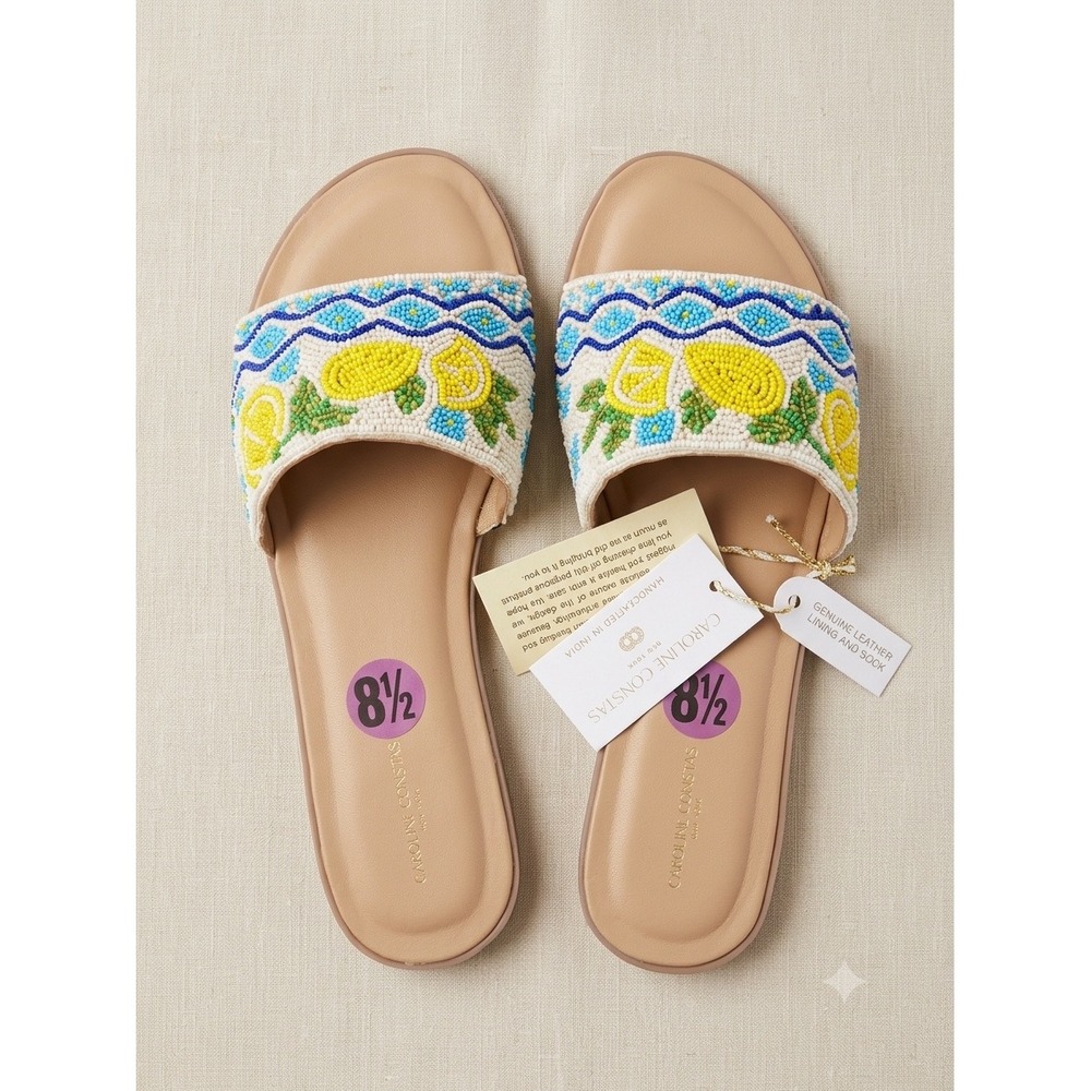 Caroline Constas Lemon Beaded Slide Sandals Women 8.5 Blue Yellow Leather Flat
